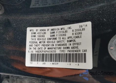 2015 Honda Accord Ex-L from USA, damaged, VIN 1HGCR2F85FA008255